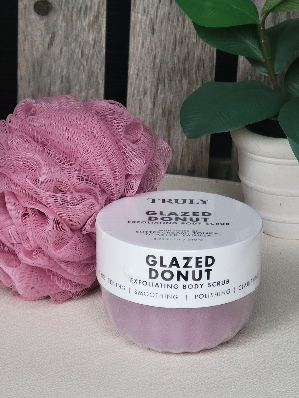 TRULY Glazed Donut Exfoliating Body Scrub - & Mesh Shower Sponge
